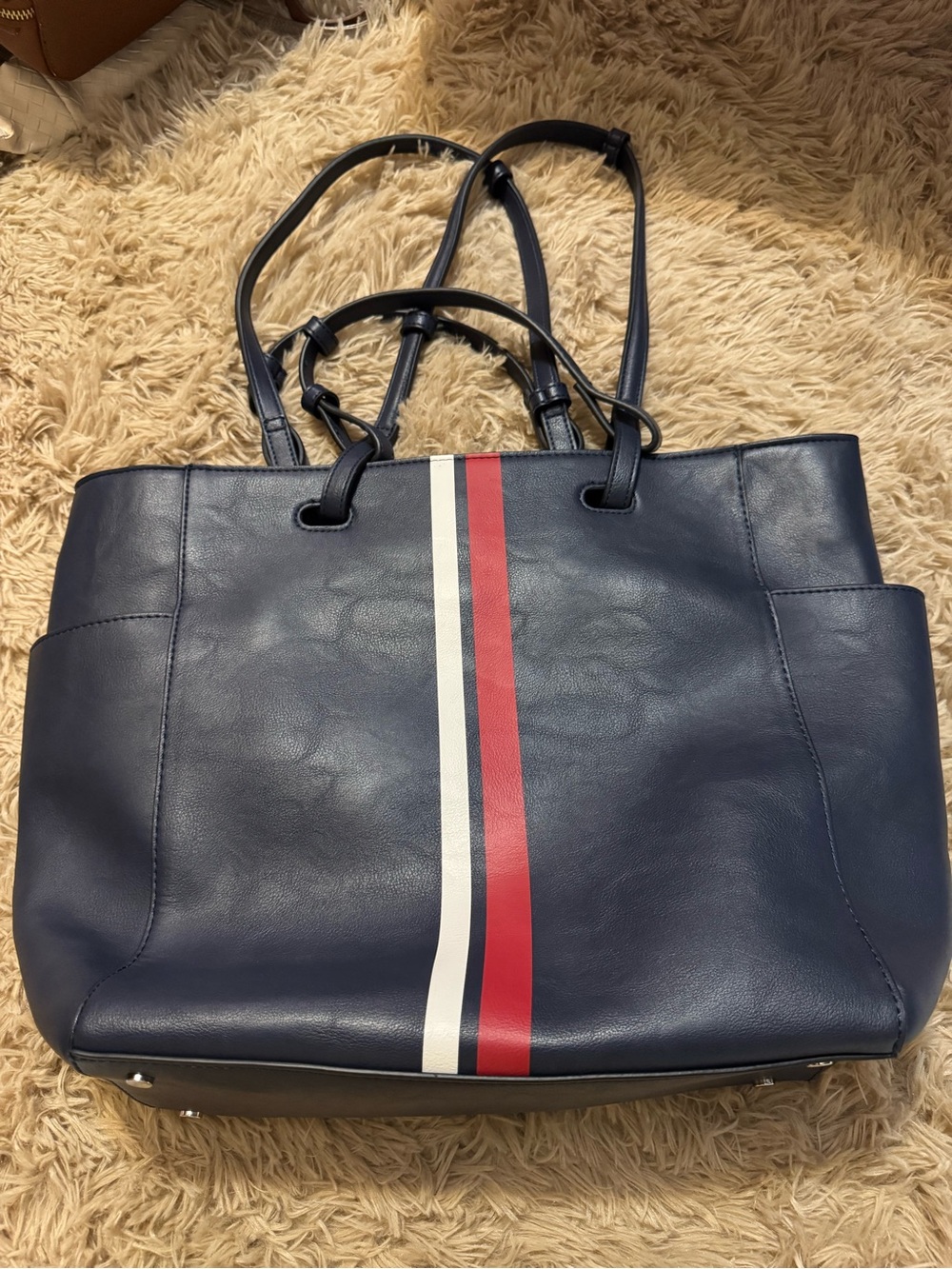 Alfani Navy Tote Bag with Red and White Center Stripe - Women